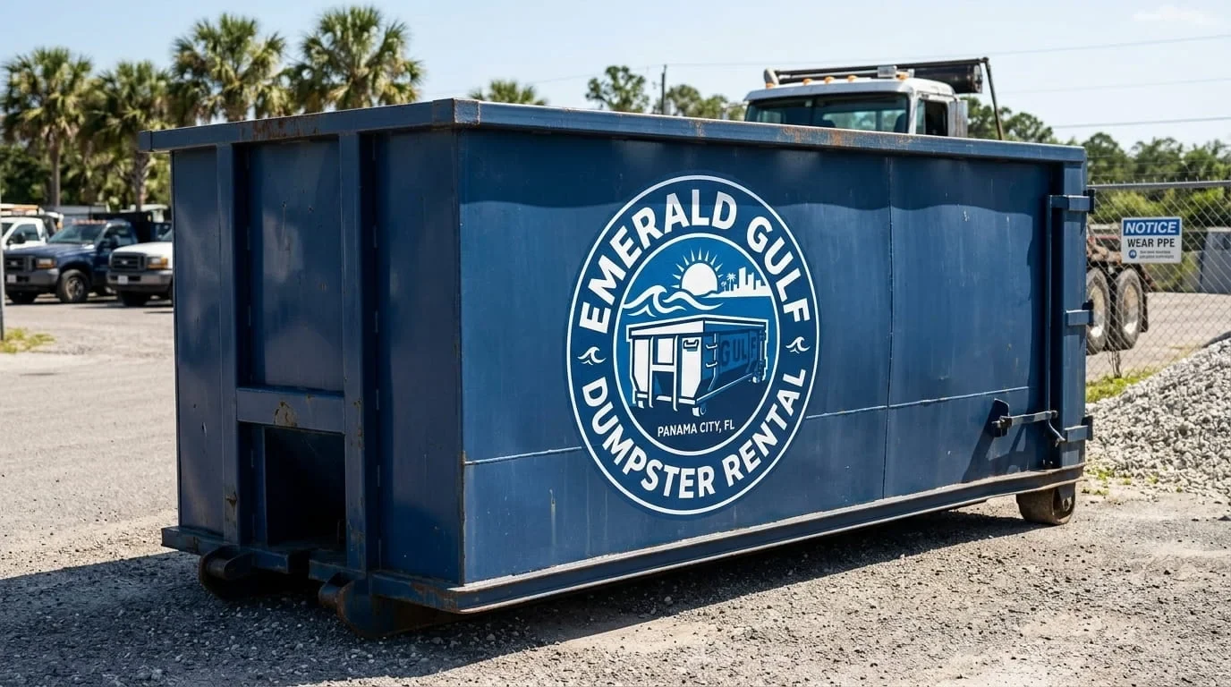 Blue 10 yard roll-off dumpster from Emerald Gulf Dumpster Rental, sized for a small Panama City, FL cleanout