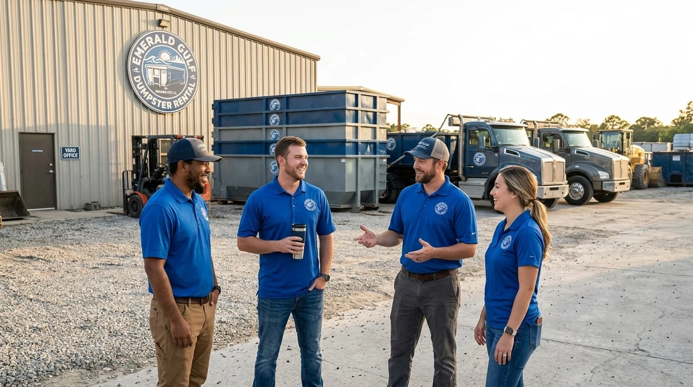 The Emerald Gulf Dumpster Rental team talking through a job near Panama City, FL