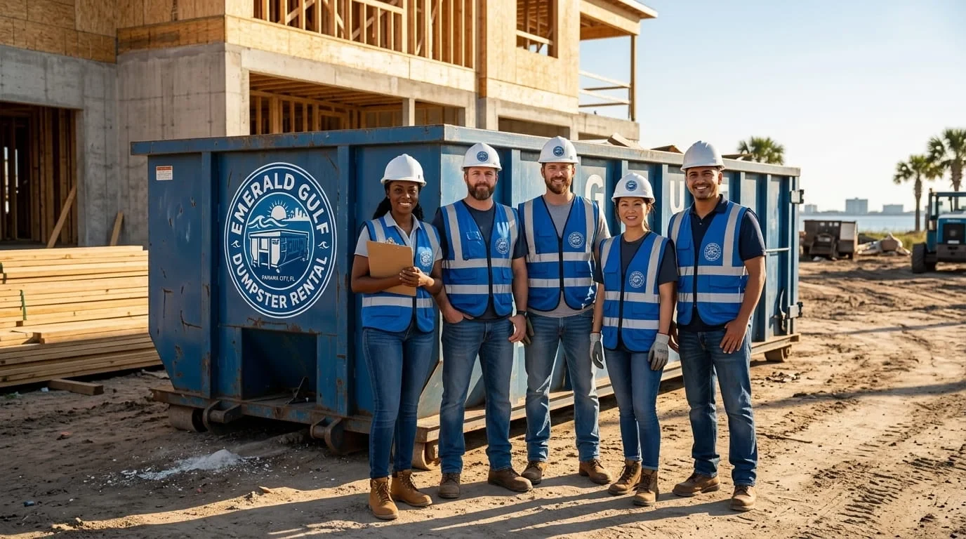 Emerald Gulf Dumpster Rental crew and roll-off dumpster on a Panama City-area construction jobsite