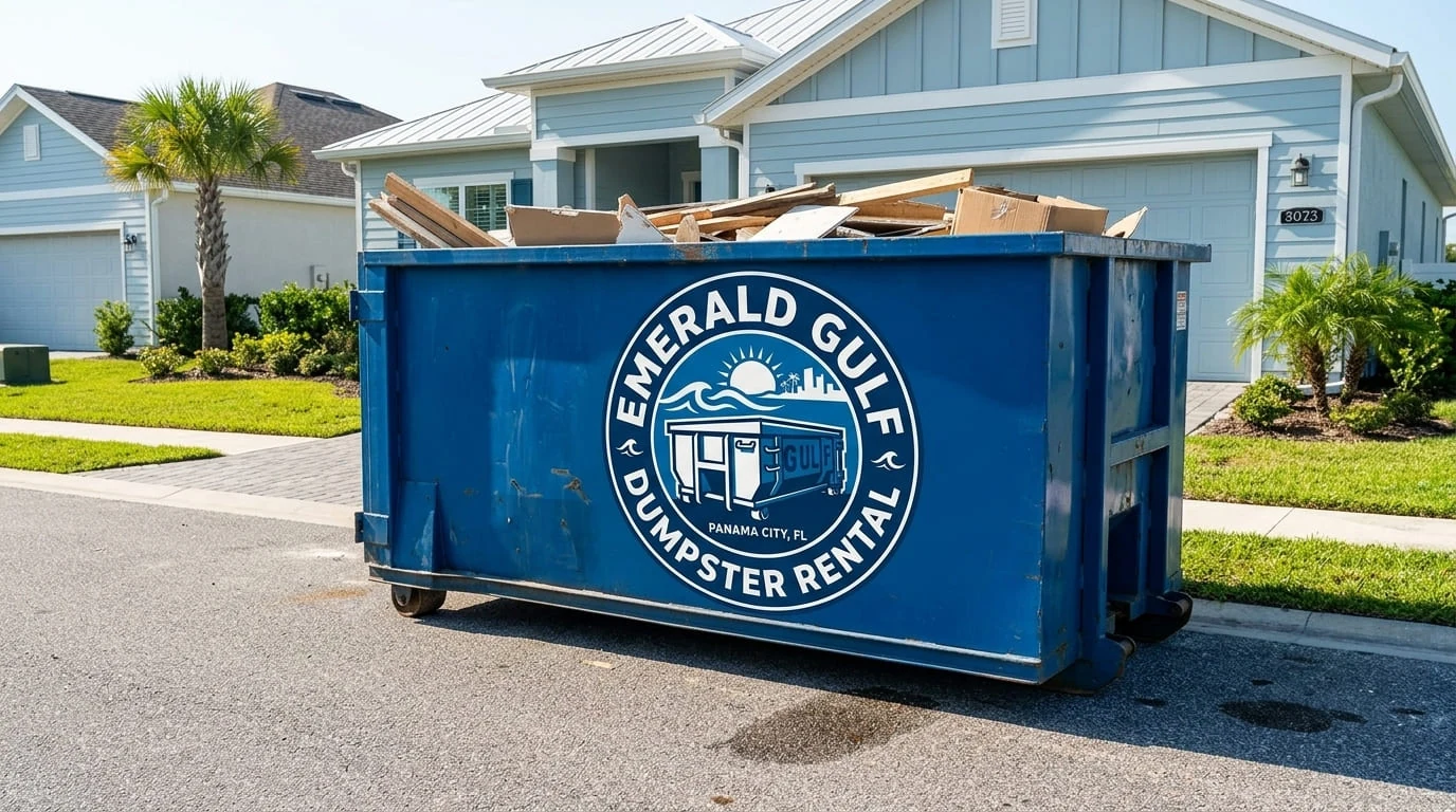 A Emerald Gulf Dumpster Rental roll-off container loaded and ready for pickup on a residential driveway in Panama City, FL
