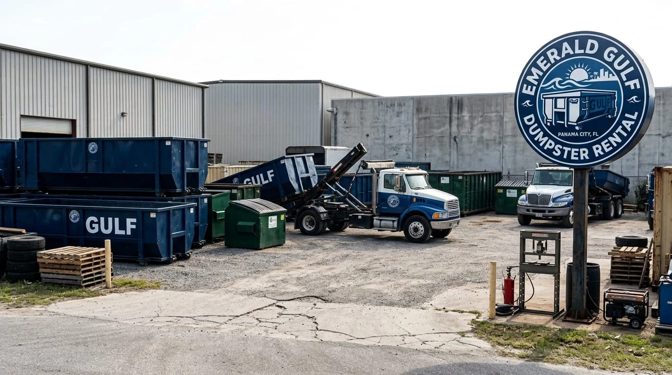 Trucks staged at the Emerald Gulf Dumpster Rental yard on 900 E Baldwin Rd in Panama City, FL