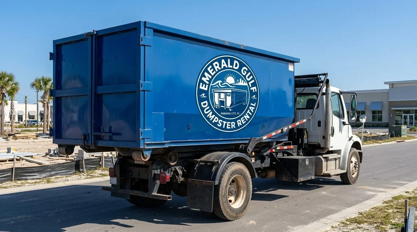A Emerald Gulf Dumpster Rental roll-off truck staged at a Panama City, FL jobsite