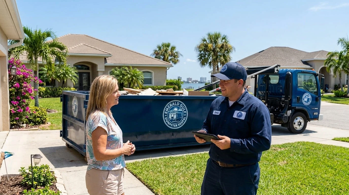 Emerald Gulf Dumpster Rental driver speaking with a homeowner beside a delivered dumpster in Panama City, FL
